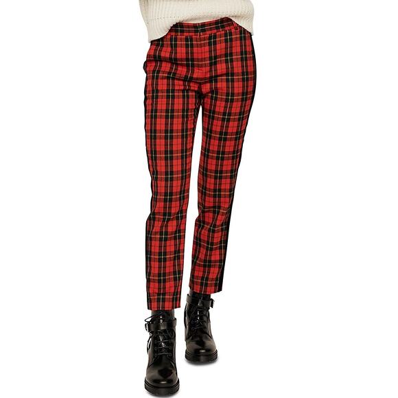 EUC Maje Red Pantya Velvet Piped Plaid Pants Tartan Cropped Check Slim Trouser - Picture 11 of 16
